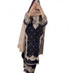 Silk Embroidered 3/4th Sleeve Round Readymade Kurti With Palazzo Pant and Dupatta Set (Black)