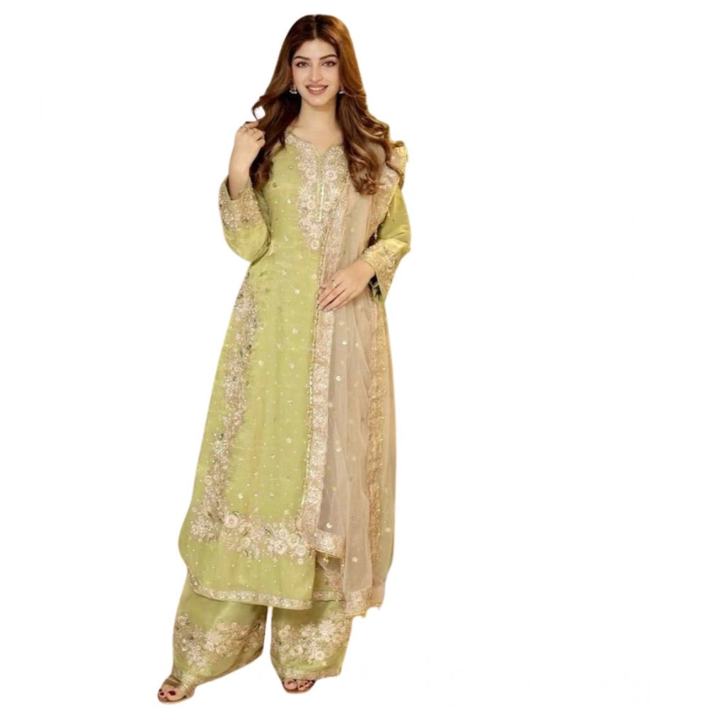 Silk Embroidered 3/4th Sleeve Round Readymade Kurti With Palazzo Pant and Dupatta Set (Pista)