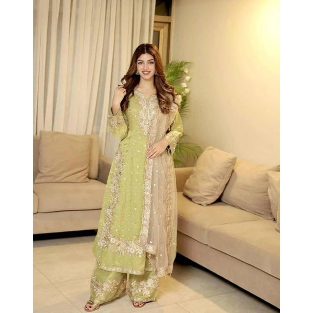 Silk Embroidered 3/4th Sleeve Round Readymade Kurti With Palazzo Pant and Dupatta Set (Pista)