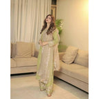 Silk Embroidered 3/4th Sleeve Round Readymade Kurti With Palazzo Pant and Dupatta Set (Pista)