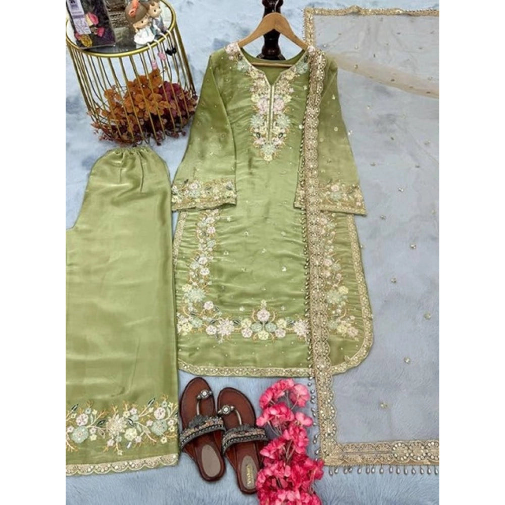 Silk Embroidered 3/4th Sleeve Round Readymade Kurti With Palazzo Pant and Dupatta Set (Pista)