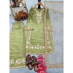 Silk Embroidered 3/4th Sleeve Round Readymade Kurti With Palazzo Pant and Dupatta Set (Pista)
