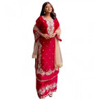 Silk Embroidered 3/4th Sleeve Round Readymade Kurti With Palazzo Pant and Dupatta Set (Red)