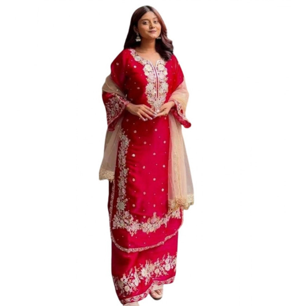 Silk Embroidered 3/4th Sleeve Round Readymade Kurti With Palazzo Pant and Dupatta Set (Red)