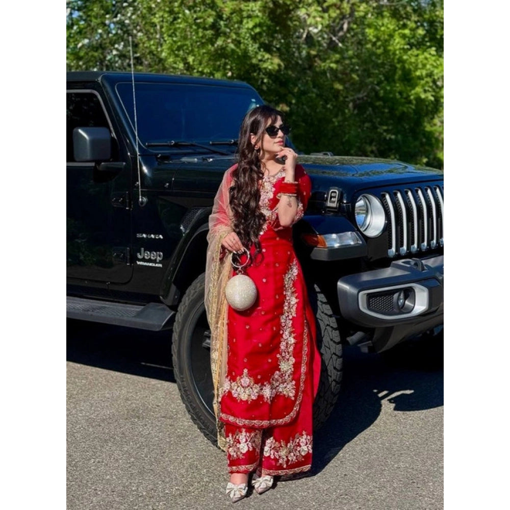 Silk Embroidered 3/4th Sleeve Round Readymade Kurti With Palazzo Pant and Dupatta Set (Red)