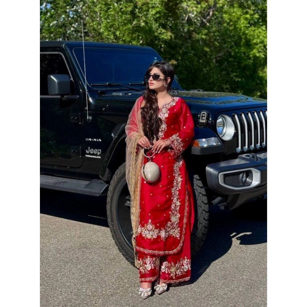 Silk Embroidered 3/4th Sleeve Round Readymade Kurti With Palazzo Pant and Dupatta Set (Red)