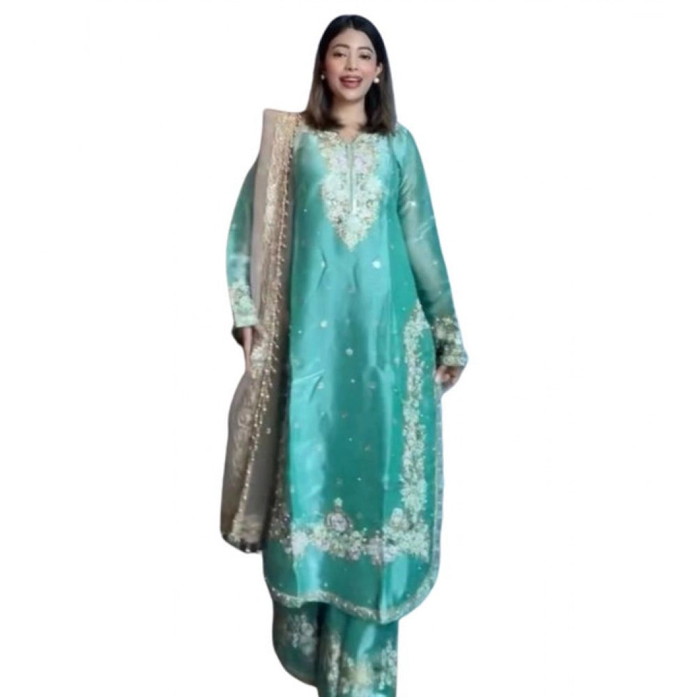 Silk Embroidered 3/4th Sleeve Round Readymade Kurti With Palazzo Pant and Dupatta Set (Sea Green)