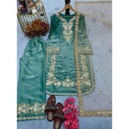 Silk Embroidered 3/4th Sleeve Round Readymade Kurti With Palazzo Pant and Dupatta Set (Sea Green)