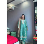 Silk Embroidered 3/4th Sleeve Round Readymade Kurti With Palazzo Pant and Dupatta Set (Sea Green)