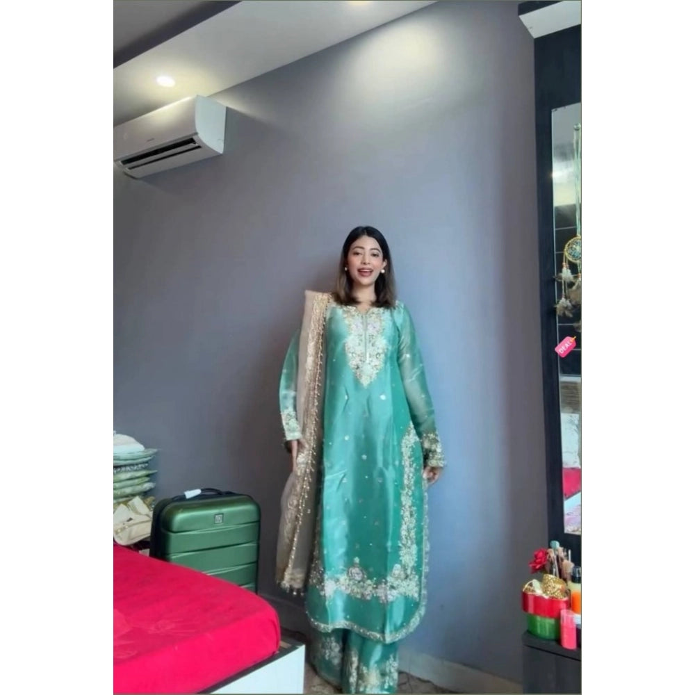 Silk Embroidered 3/4th Sleeve Round Readymade Kurti With Palazzo Pant and Dupatta Set (Sea Green)