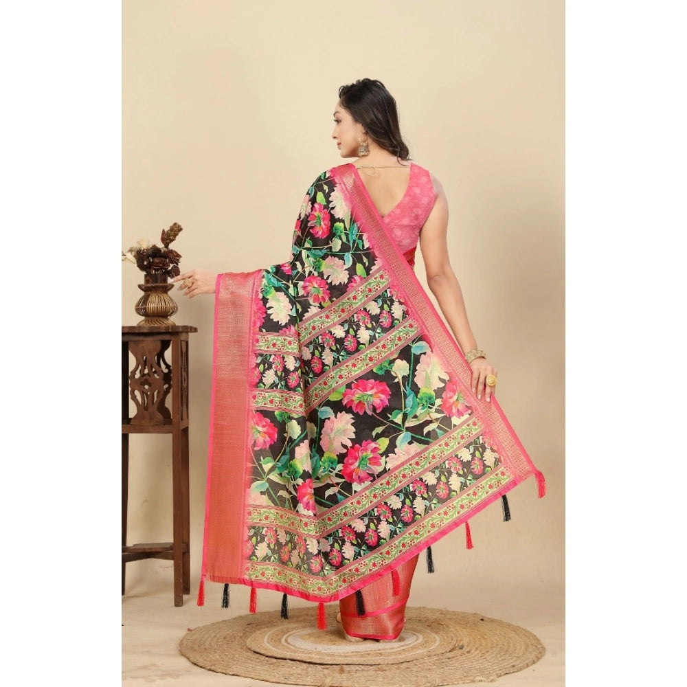 Floral Printed Saree With Unstitched Blouse 5.5Mtr (Black) -