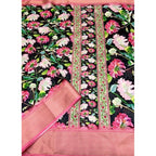 Floral Printed Saree With Unstitched Blouse 5.5Mtr (Black) -