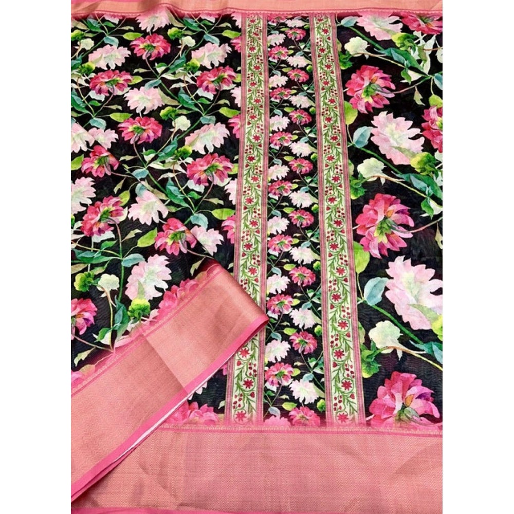 Floral Printed Saree With Unstitched Blouse 5.5Mtr (Black) -