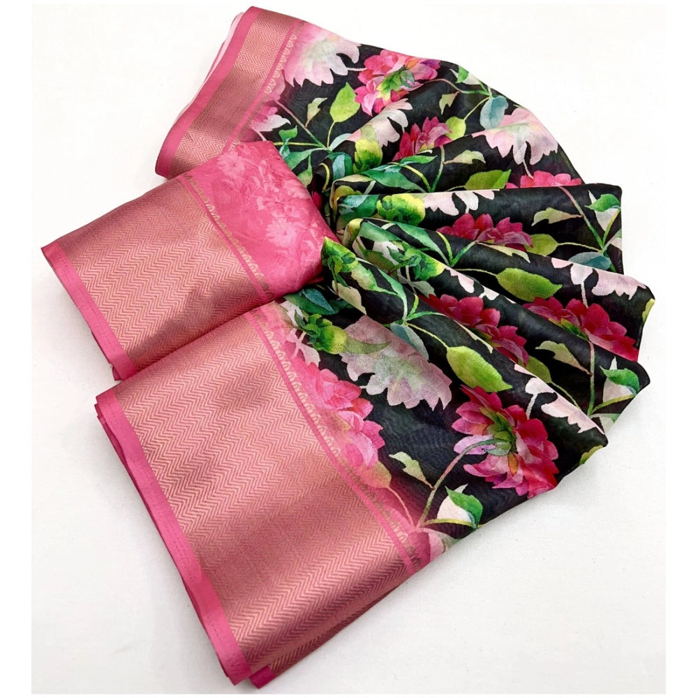 Floral Printed Saree With Unstitched Blouse 5.5Mtr (Black) -