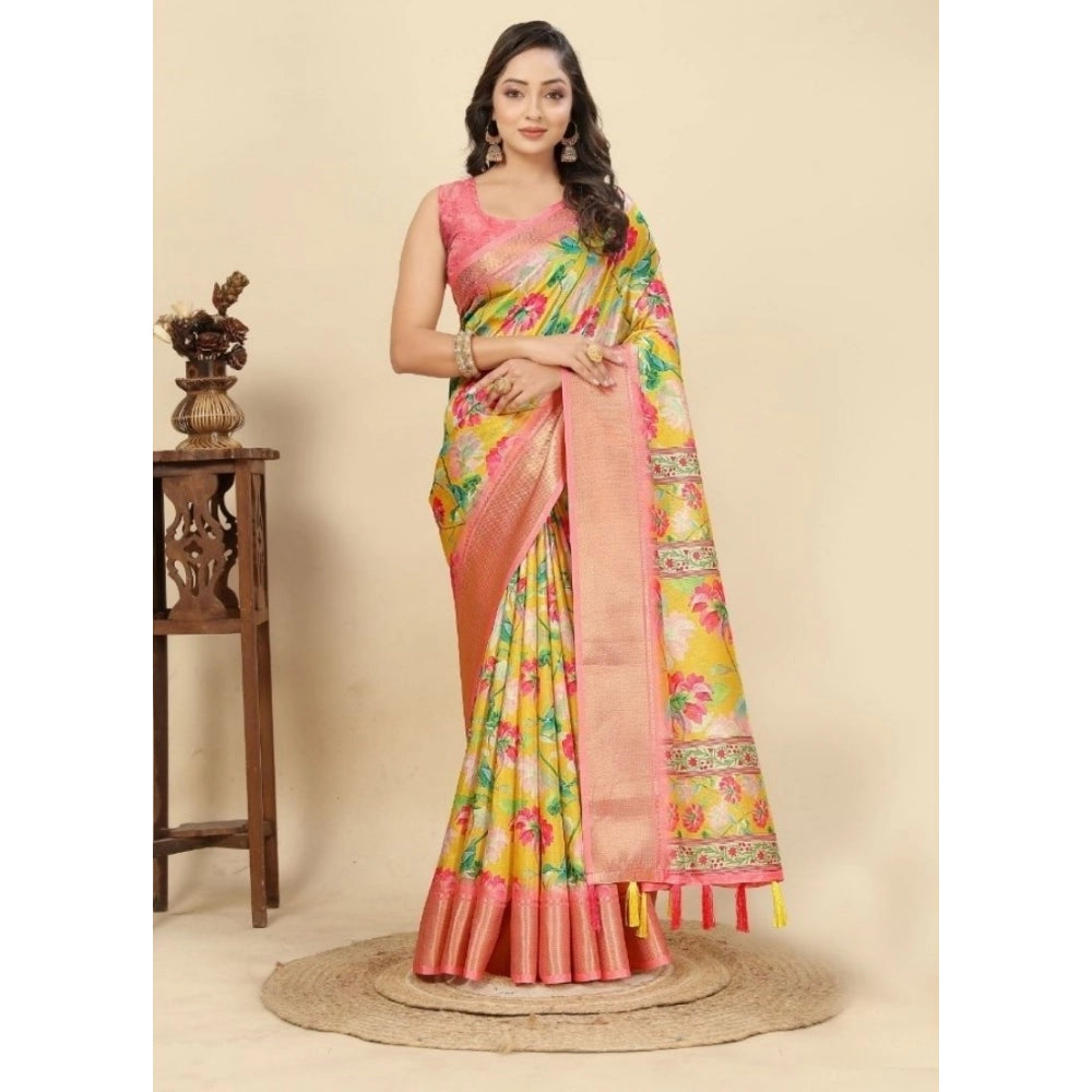 Floral Printed Saree With Unstitched Blouse 5.5Mtr (Yellow)