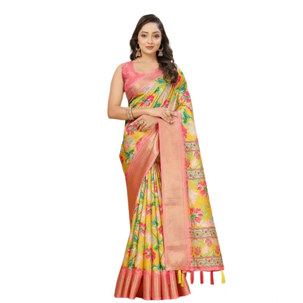 Floral Printed Saree With Unstitched Blouse 5.5Mtr (Yellow)