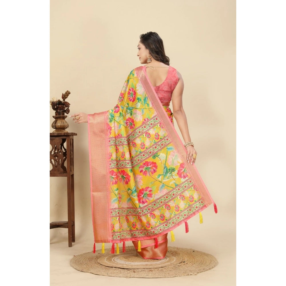 Floral Printed Saree With Unstitched Blouse 5.5Mtr (Yellow)