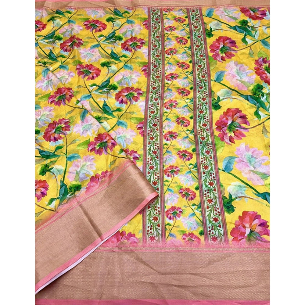 Floral Printed Saree With Unstitched Blouse 5.5Mtr (Yellow)