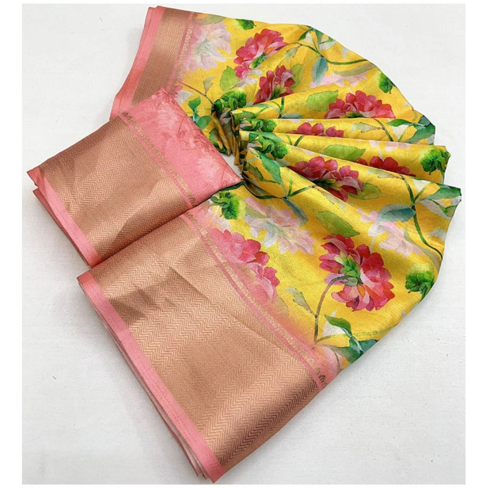 Floral Printed Saree With Unstitched Blouse 5.5Mtr (Yellow)