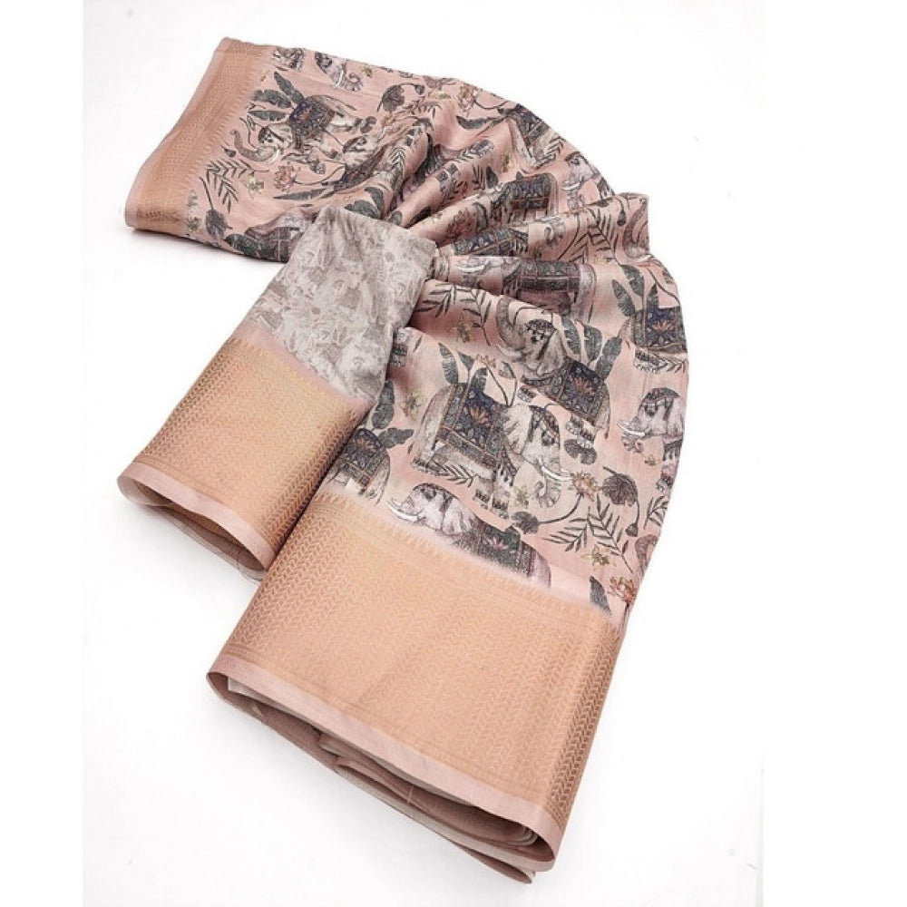 Printed Saree With Unstitched Blouse 5.5Mtr (Cream-Black)