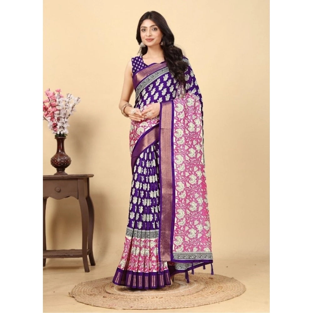 Printed Saree With Unstitched Blouse 5.5Mtr (Purple)