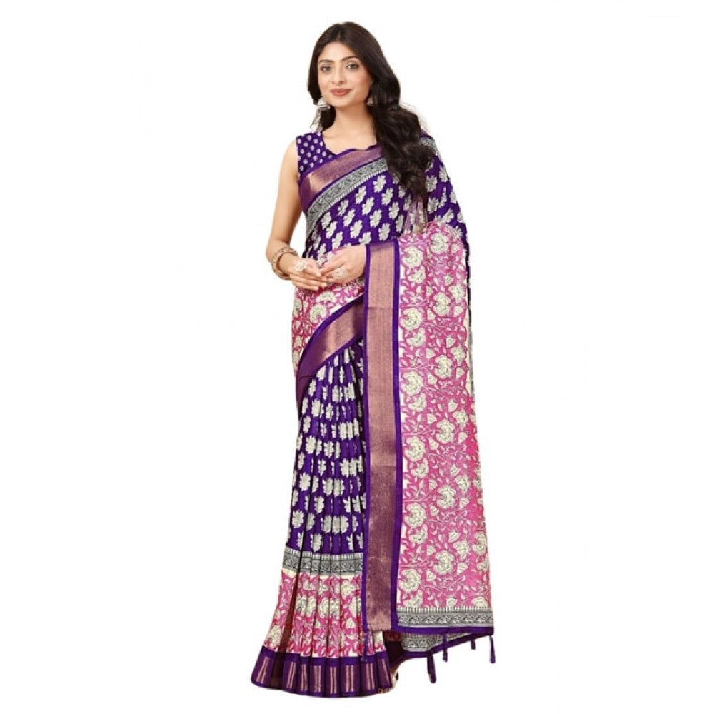 Printed Saree With Unstitched Blouse 5.5Mtr (Purple)