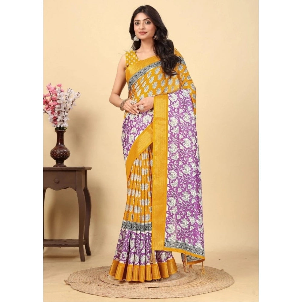 Printed Saree With Unstitched Blouse 5.5Mtr (Yellow)