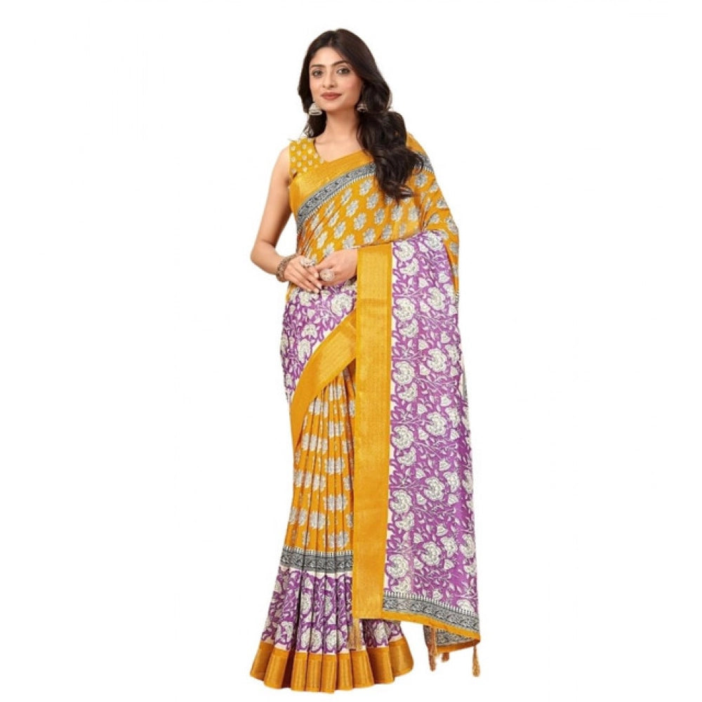 Printed Saree With Unstitched Blouse 5.5Mtr (Yellow)
