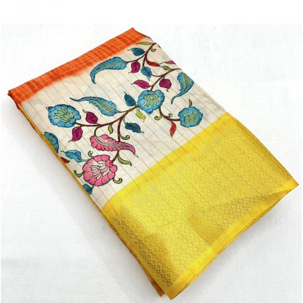 Floral Printed Saree With Unstitched Blouse 5.5Mtr (Lemon Yellow)