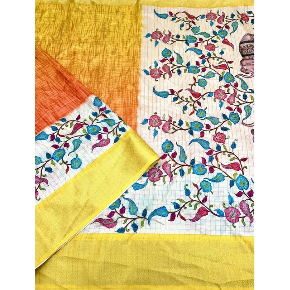 Floral Printed Saree With Unstitched Blouse 5.5Mtr (Lemon Yellow)