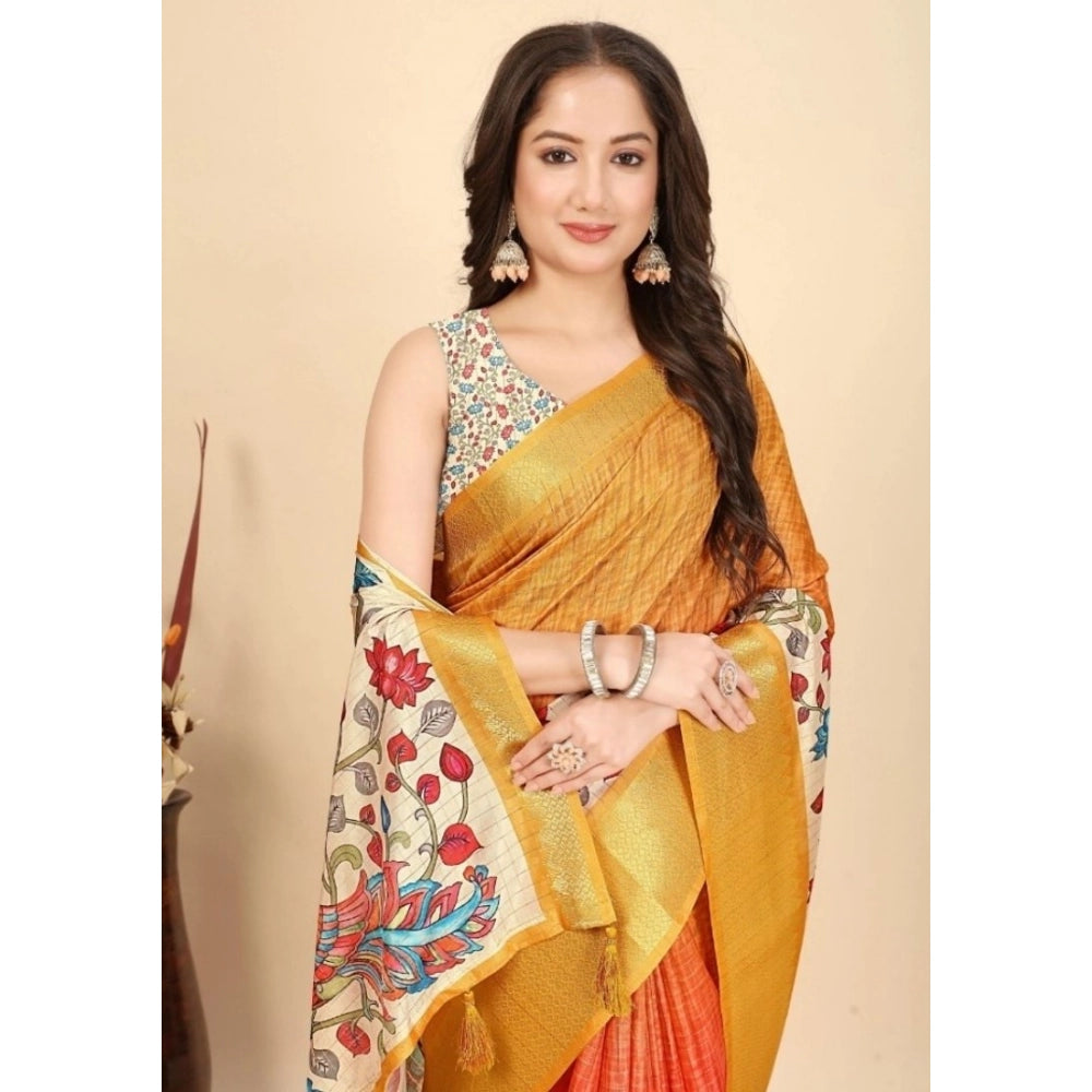 Floral Printed Saree With Unstitched Blouse 5.5Mtr (Yellow)