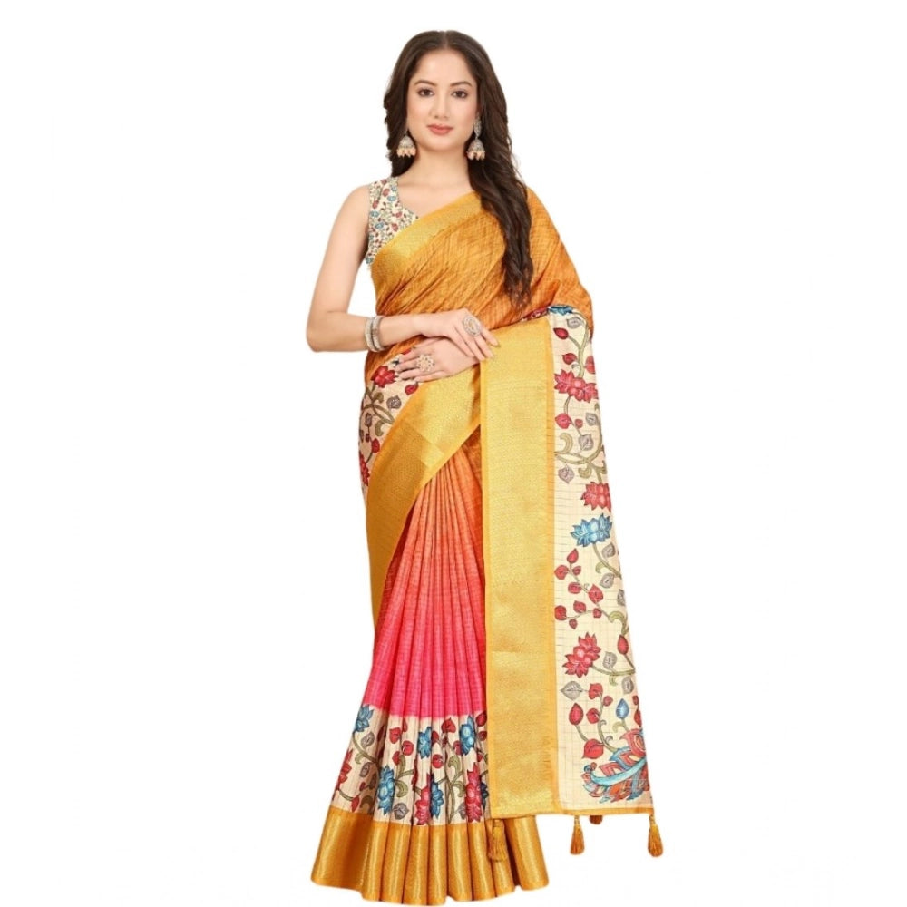 Floral Printed Saree With Unstitched Blouse 5.5Mtr (Yellow)