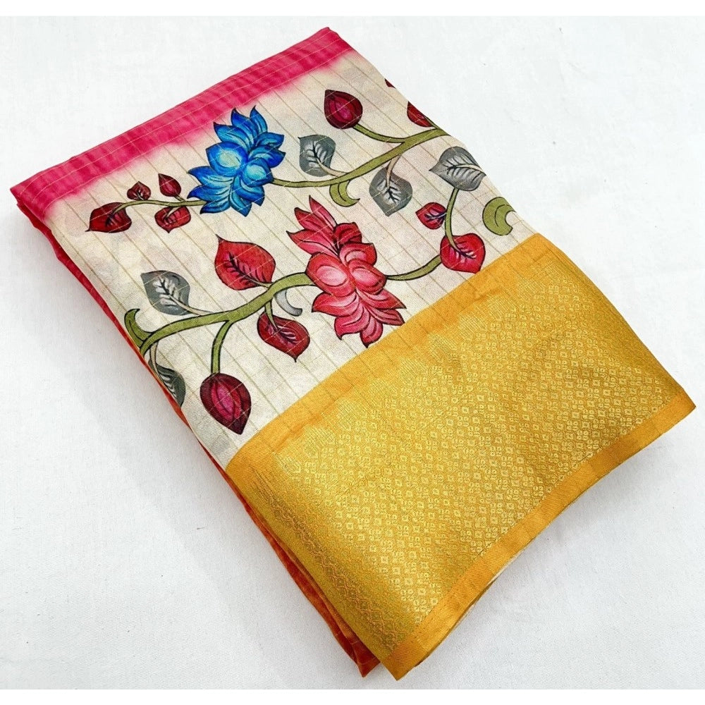 Floral Printed Saree With Unstitched Blouse 5.5Mtr (Yellow)