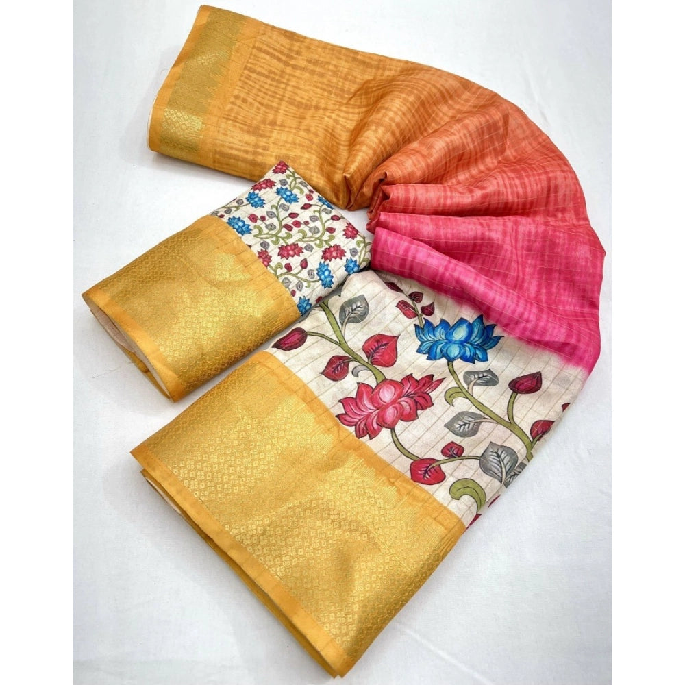 Floral Printed Saree With Unstitched Blouse 5.5Mtr (Yellow)