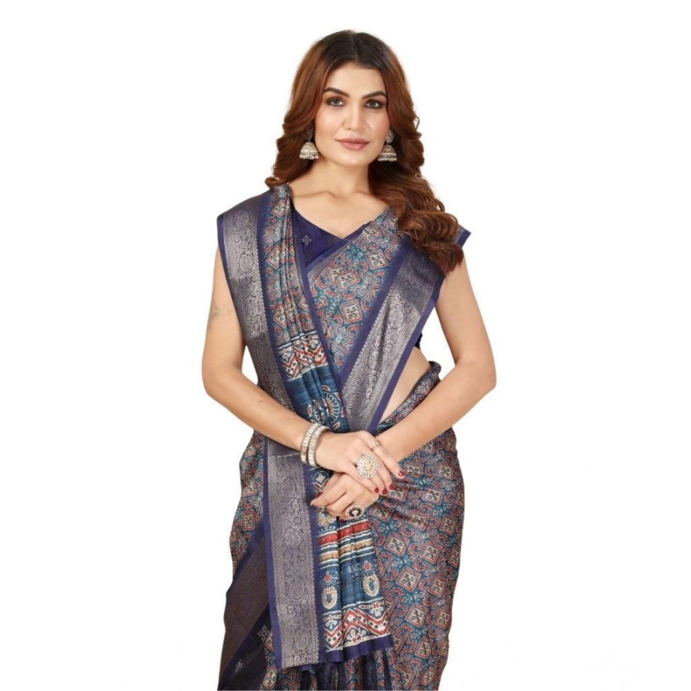 Printed Saree With Unstitched Blouse 5.5Mtr (Blue)