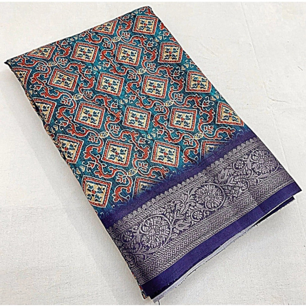 Printed Saree With Unstitched Blouse 5.5Mtr (Blue)