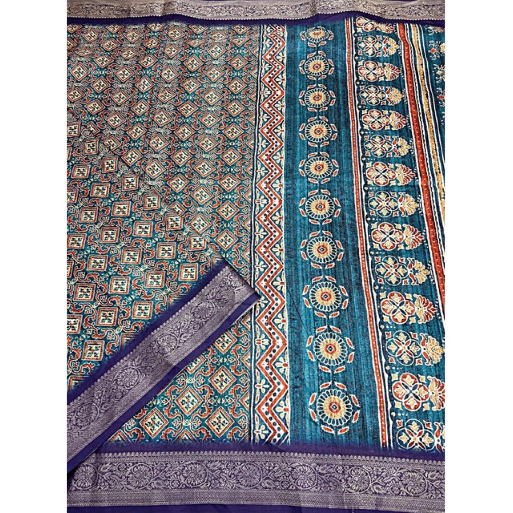 Printed Saree With Unstitched Blouse 5.5Mtr (Blue)