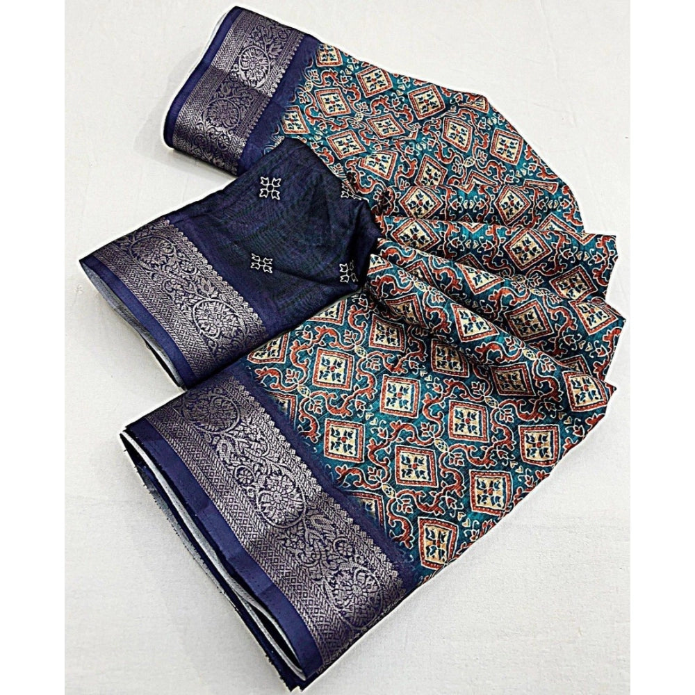 Printed Saree With Unstitched Blouse 5.5Mtr (Blue)