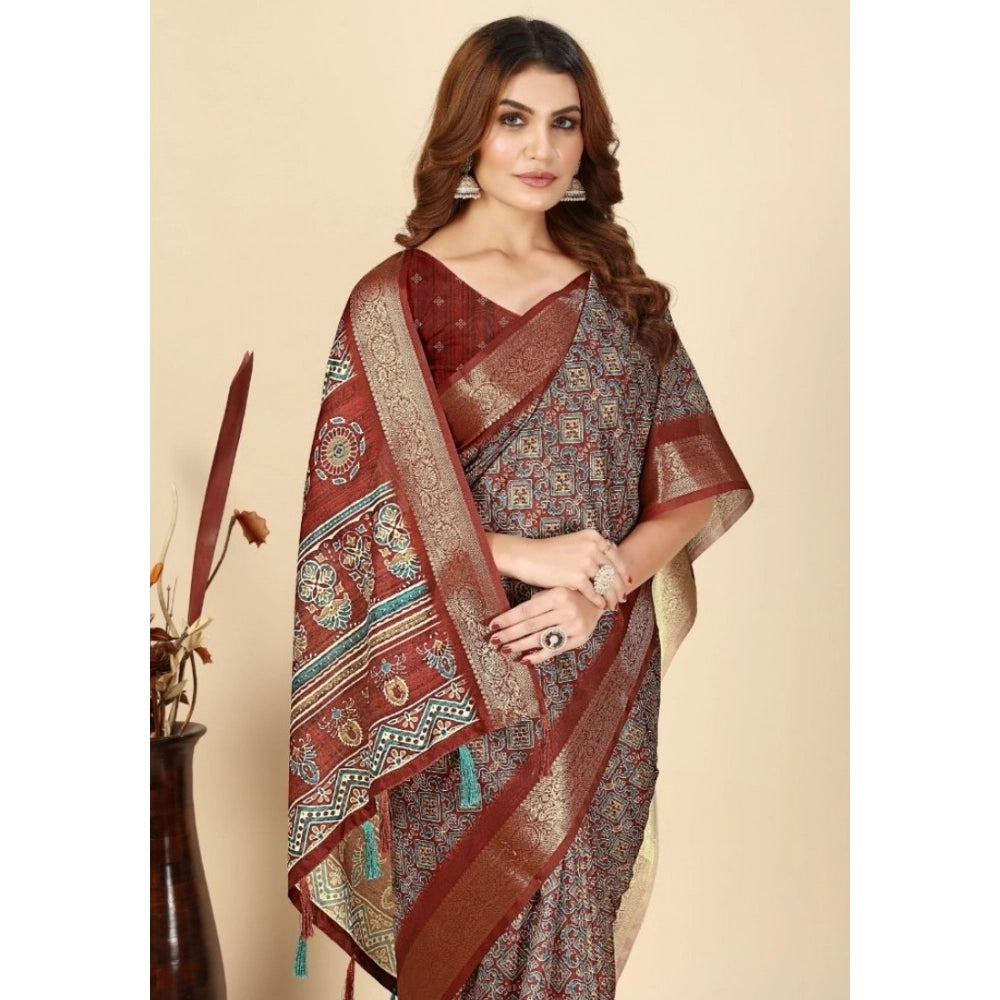 Printed Saree With Unstitched Blouse 5.5Mtr (Multicolor)