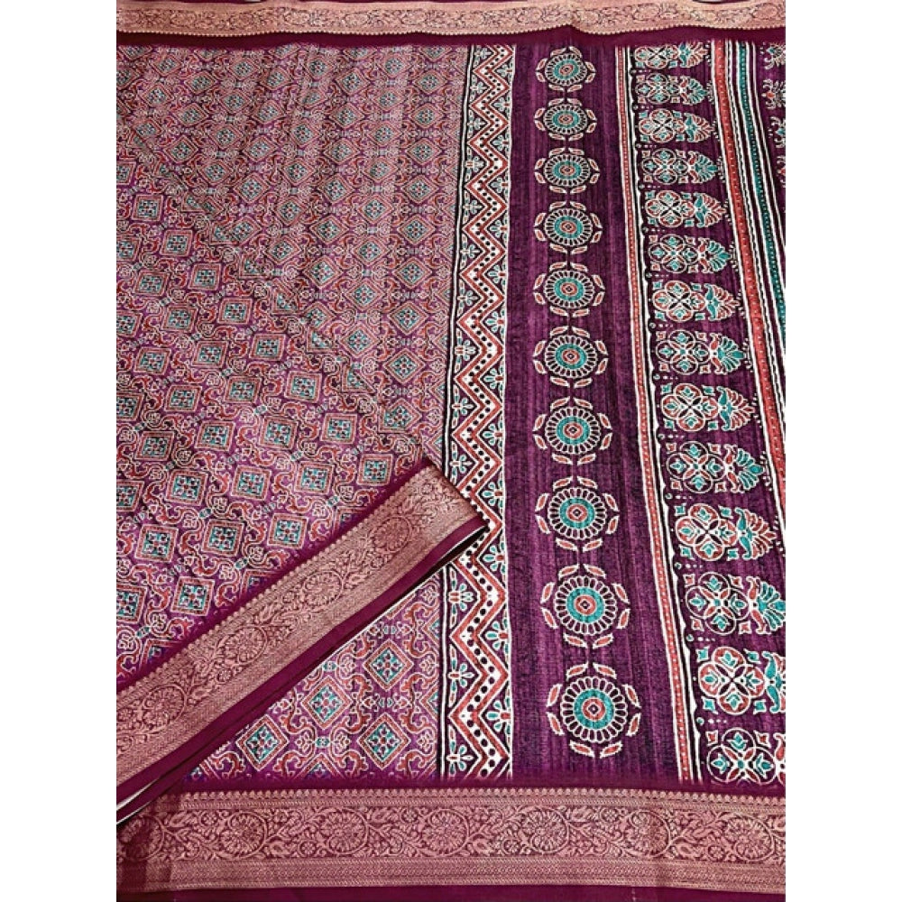 Printed Saree With Unstitched Blouse 5.5Mtr (Wine)