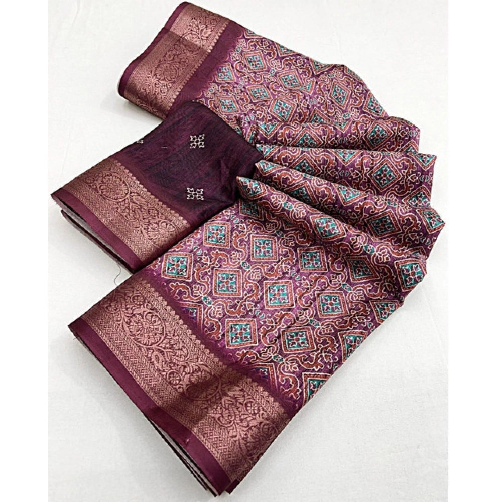 Printed Saree With Unstitched Blouse 5.5Mtr (Wine)
