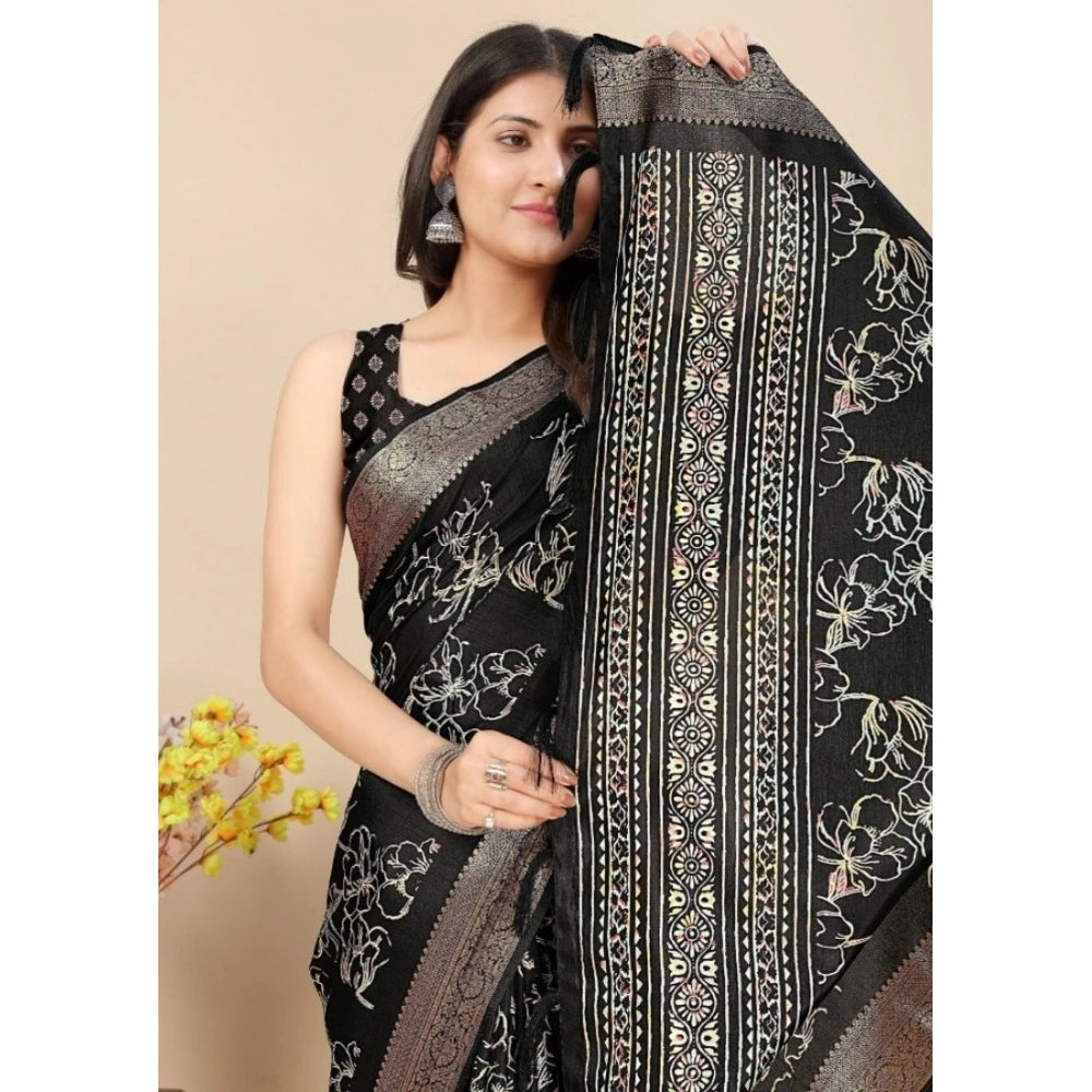 Floral Printed Saree With Unstitched Blouse 5.5Mtr (Black)