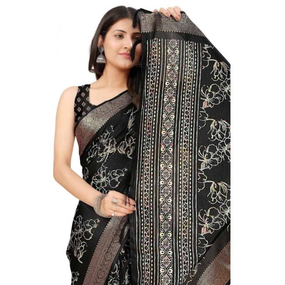 Floral Printed Saree With Unstitched Blouse 5.5Mtr (Black)