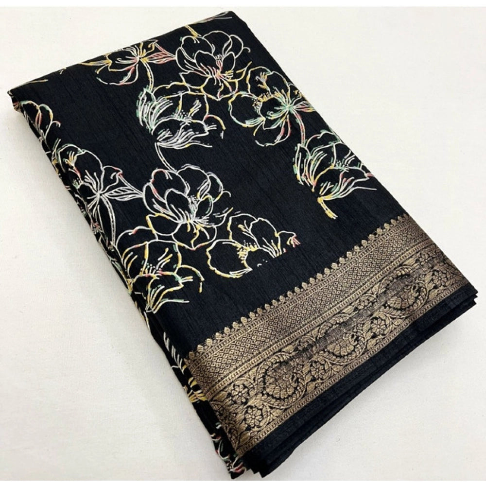 Floral Printed Saree With Unstitched Blouse 5.5Mtr (Black)