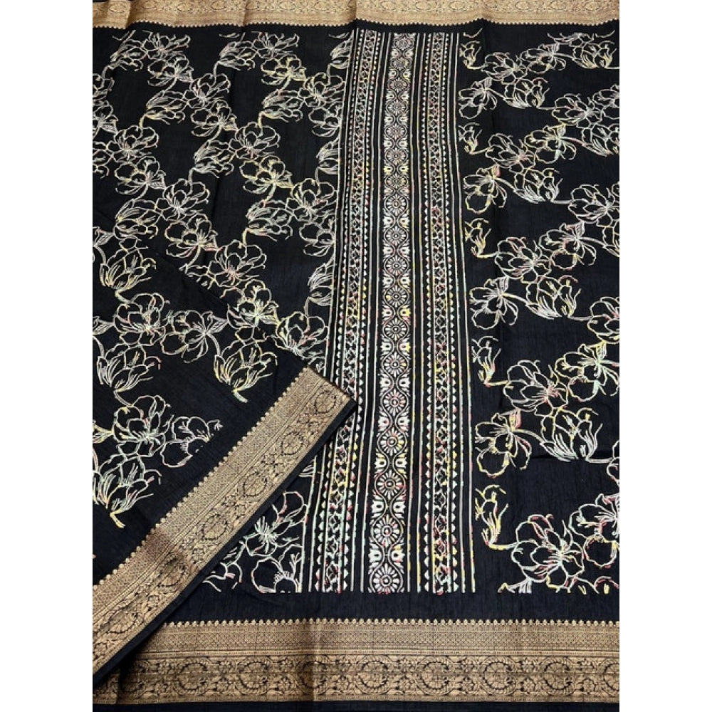 Floral Printed Saree With Unstitched Blouse 5.5Mtr (Black)