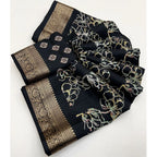 Floral Printed Saree With Unstitched Blouse 5.5Mtr (Black)