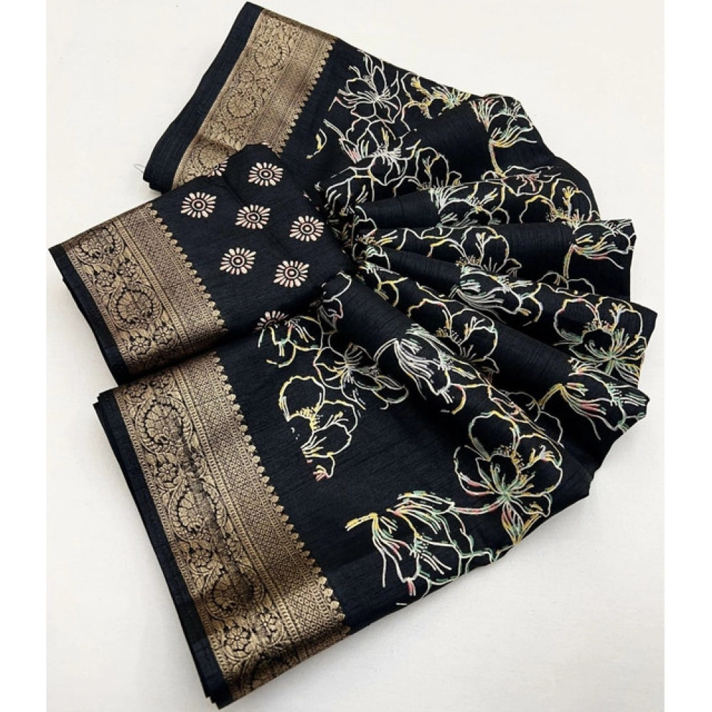 Floral Printed Saree With Unstitched Blouse 5.5Mtr (Black)