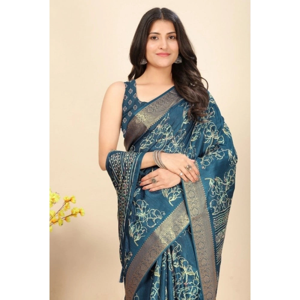Floral Printed Saree With Unstitched Blouse 5.5Mtr (Blue)