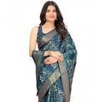 Floral Printed Saree With Unstitched Blouse 5.5Mtr (Blue)