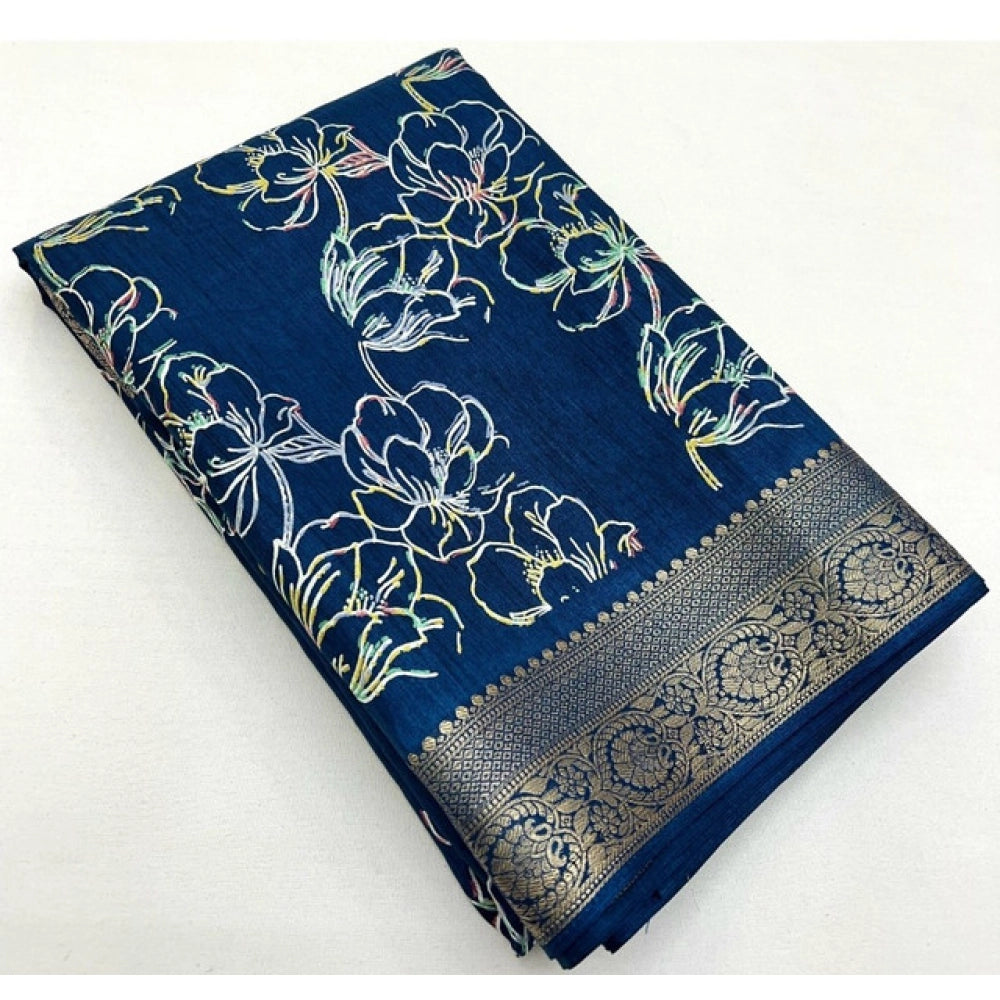 Floral Printed Saree With Unstitched Blouse 5.5Mtr (Blue)
